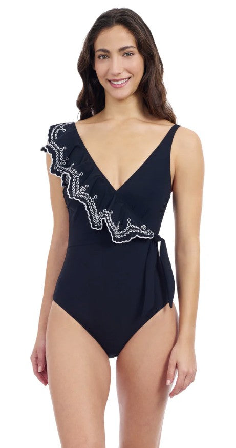 Profile By Gottex Lola V-Neck Surplice Ruffle One Piece Swimsuit Black/white Size: 6