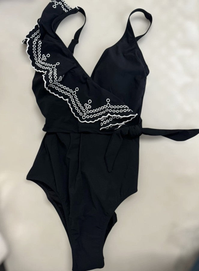 Profile By Gottex Lola V-Neck Surplice Ruffle One Piece Swimsuit Black/white Size: 6
