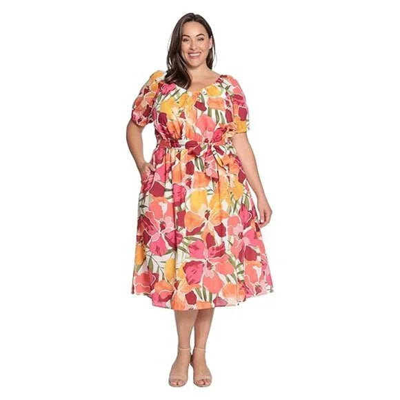 Maggy London Women's Short Sleeve Scoop Neck Waist Tie Dress Size 14W
