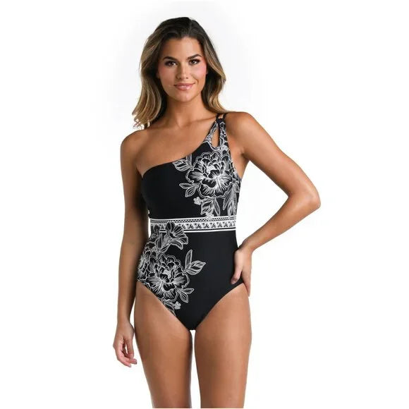 NWT La Blanca Shadow Floral One Shoulder Mio Keyhole Swimsuit Size 6