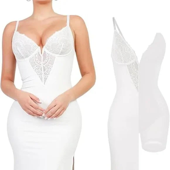 Popilush Maxi Dresses for Women Deep V Neck Shapewear Lace Slit Bodycon Size:XXL