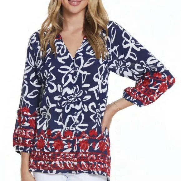 New w/ Tags Tru Luxe Jeans Button Front Top with Contrast Embroidery Tunic Size XS