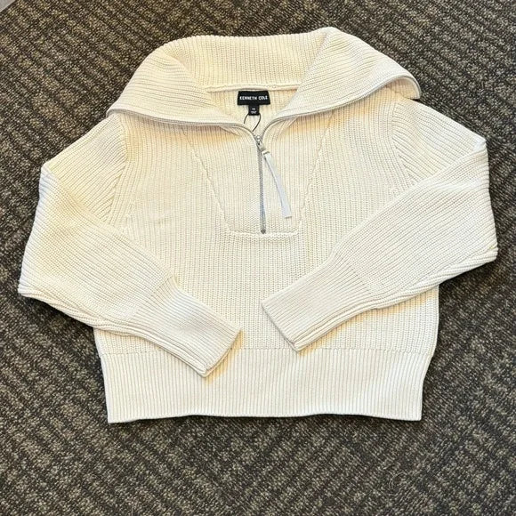 NWT Kenneth Cole Cropped Ribbed Zip Up Sweater w/ High Collar Size XS