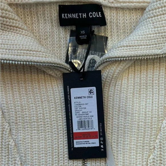 NWT Kenneth Cole Cropped Ribbed Zip Up Sweater w/ High Collar Size XS
