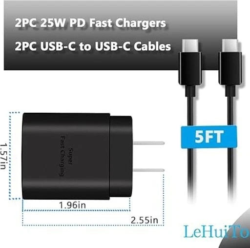 25W USB-C Super Fast Charger Block 5FT Cord Black - SET OF TWO